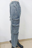 Washed Blue Side Pockets Loose Denim Pants