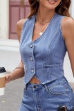 Blue Washed Open Button Denim Vest