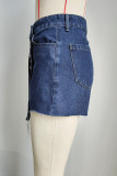 Blue Washed Pleated Denim Skort Shorts