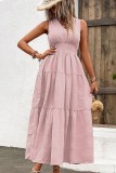 Plain V Neck Smocked Waist Ruffles Maxi Dress