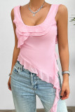 Plain U Neck Ruffles Irregular Length Tank Top