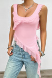Plain U Neck Ruffles Irregular Length Tank Top