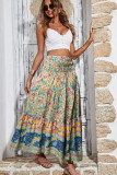 Sky Blue Boho Floral & Paisley Print Shirred Waist Long Skirt