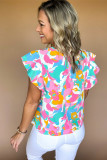 Multicolour Abstract Print Notched Neck Flutter Sleeve Blouse