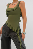 Plain U Neck Ruffles Irregular Length Tank Top