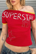 Red SuperStar Print One Shoulder Crop Top