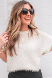 White Fuzzy Eyelet Knitted Sweater T-shirt
