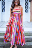 Multicolour Striped Thin Straps Smocked Back Boho Maxi Dress