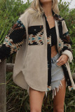 Khaki Aztec Print Fleece Open Button Jacket