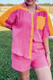 Rose Red Plus Size Textured Color Block Shirt and Shorts Set