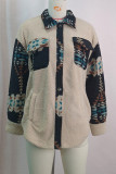 Khaki Aztec Print Fleece Open Button Jacket