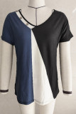 Color Block Buttoned Short Sleeves Top