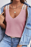 Plain V Neck Waffle Knit Lace Shoulder Tank Top