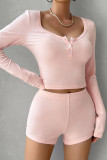 Plain Buttoned Long Sleeves Top with Shorts 2pcs Set