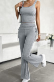 Plain Rib U Neck Tank Top with Pants 2pcs Set
