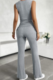 Plain Rib U Neck Tank Top with Pants 2pcs Set