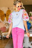 Light Blue Gingham Floral Embroidered Puff Sleeve Blouse