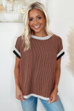 Coffee Textured Contrast Trim Round Neck T Shirt