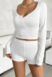 Plain Buttoned Long Sleeves Top with Shorts 2pcs Set
