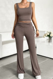 Plain Rib U Neck Tank Top with Pants 2pcs Set