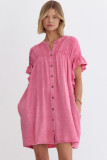 Pink Ruffled Short Sleeve Buttoned Denim Mini Dress