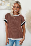 Coffee Textured Contrast Trim Round Neck T Shirt