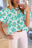 Green Floral Puff Sleeve Frilled Neckline Blouse