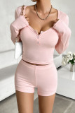 Plain Buttoned Long Sleeves Top with Shorts 2pcs Set