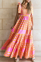 Pink Boho Gingham Tied Straps Smocked Maxi Dress