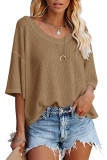 Plain V Neck Waffle Knit Short Sleeves Top