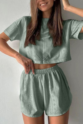 Eyelet Plain Two Pieces Top and Shorts Set 