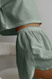 Eyelet Plain Two Pieces Top and Shorts Set 