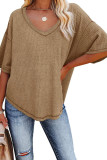 Plain V Neck Waffle Knit Short Sleeves Top