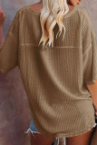 Plain V Neck Waffle Knit Short Sleeves Top