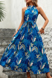 Blue Floral High Collar Halter Sleeveless Maxi Dress