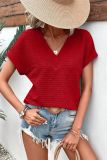 Plain Textured V Neck Short Sleeves Top