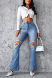 Blue Washed Ripped Flare Jeans Pants