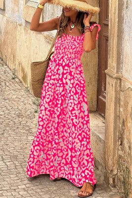 Pink Leopard Ruffle Straps Smocked High Waist Long Dress