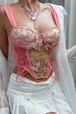 Pink Embroidery Mesh Ribbon Cross Bustier