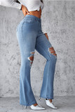 Blue Washed Ripped Flare Jeans Pants