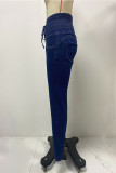 Plain High Waist Cross Ribbon Skinny Jeans Pants