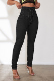 Plain High Waist Cross Ribbon Skinny Jeans Pants