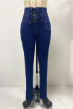 Plain High Waist Cross Ribbon Skinny Jeans Pants