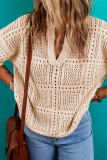 Apricot Turn-down Collar Hollowed Knit Short Sleeve Top