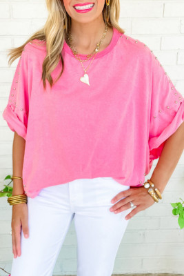 Bonbon Mineral Wash Studded Batwing Sleeve Oversized Top