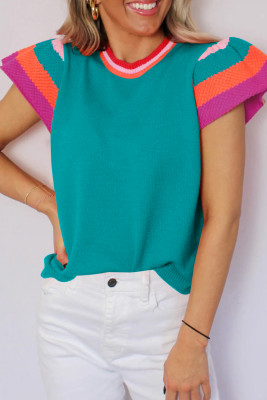 Turquoise Contrast Flutter Sleeves Knitted Sweater T Shirt