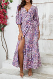 Purple V Neck Printed Split Maxi Dress 