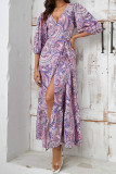 Purple V Neck Printed Split Maxi Dress 