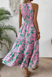 Pink Floral Halter Ruffles Maxi Dress