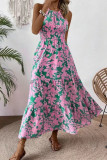 Pink Floral Halter Ruffles Maxi Dress